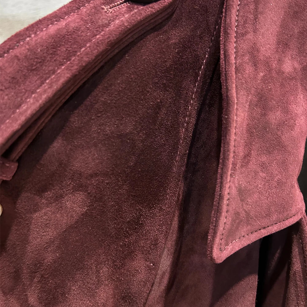Suede Burgundy Long Coat Double Breasted Windbreak Length 150cm Women's Real Suede Coat