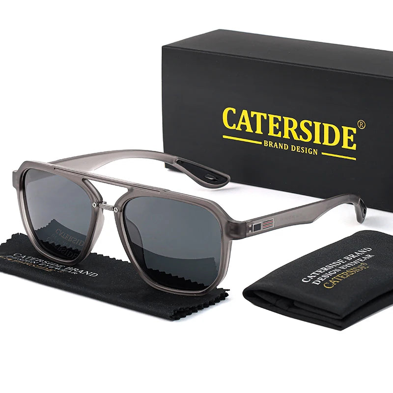 CATERSIDE New Polarized Sunglasses Men's Round Flat Top Double Bridges TR Frame Spring Hinge Women Sun Glasses Sports Driving