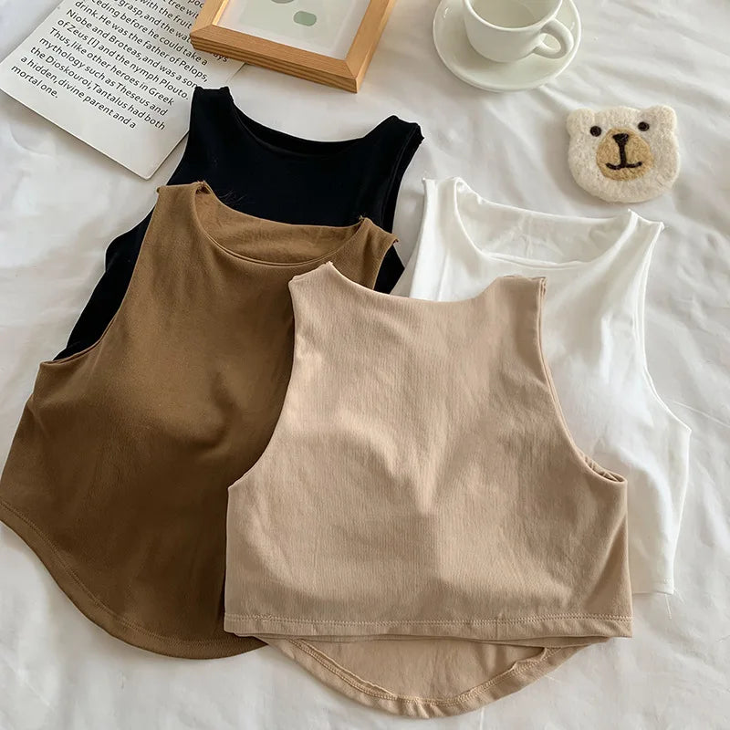 Summer Women Tank Tops Solid Color Camisole with padded Bra sexy Off Shoulder O Neck Elastic Tank Top Casual Sport Vest