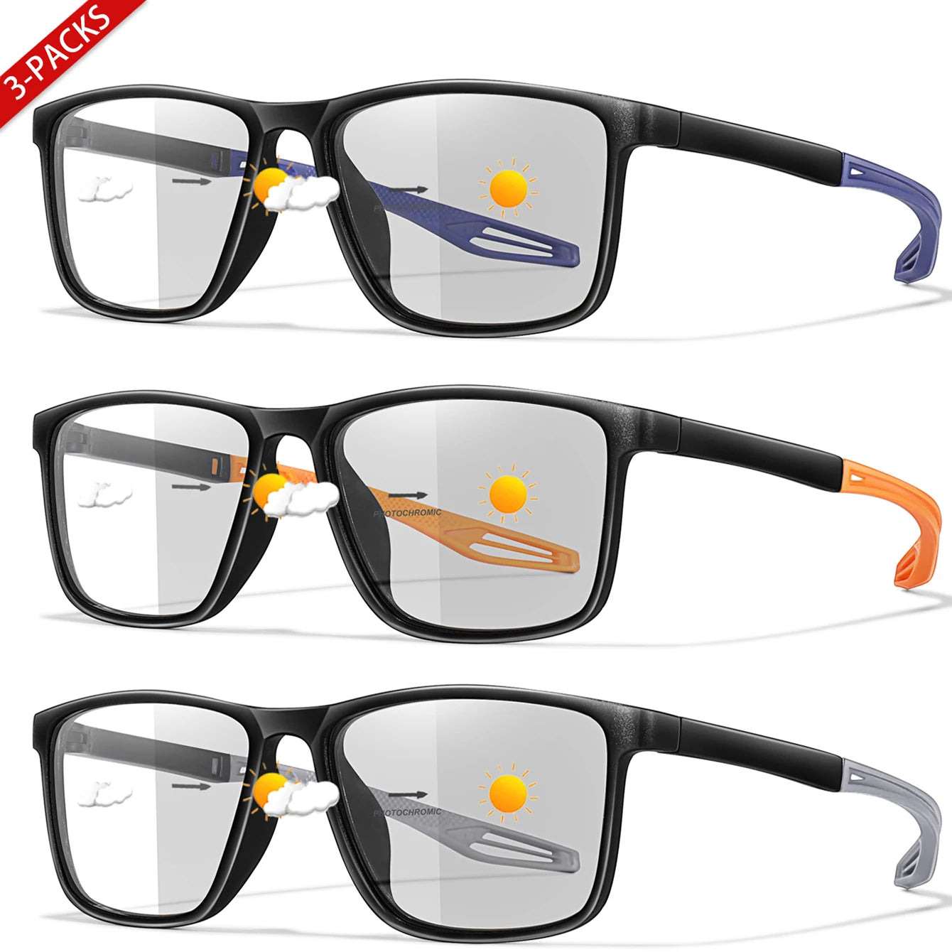 3 Pairs Reading Glasses Photochromic Classic Square Far Sight Presbyopic Glasses Anti Blue Light Blocking Ultralight Eyewear