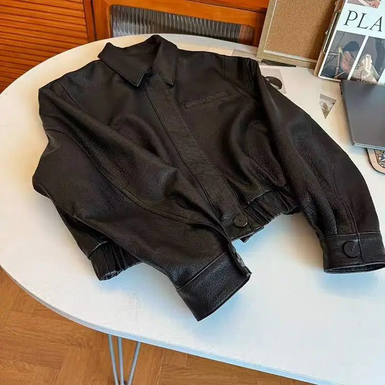 Retro Leather Bomber Jackets for Women Genuine Foam Leather Bubble Texture Short Coat Female Square-Cut Lapel Slim Fit Chaquetas