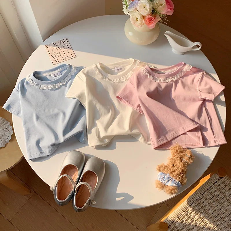 Summer Girls Lace T-shirt Kids Loose Casual Solid Color Short Sleeves Crewneck Tops Baby Girl Cotton Tees Kids Clothes 1-6Years