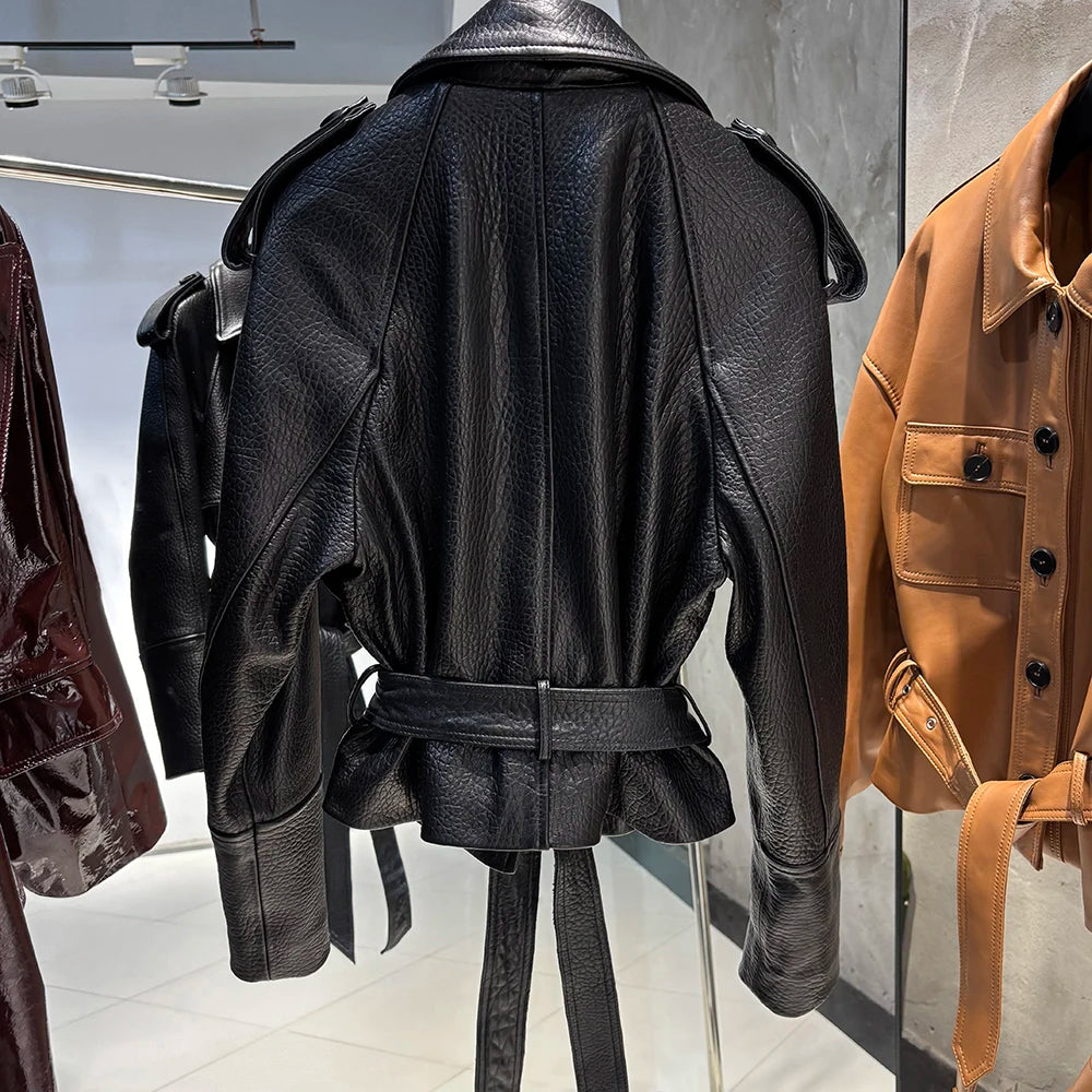 YOLOAgain Real Leather Jacket Women Burgundy Grain Leather Jacket With Belt