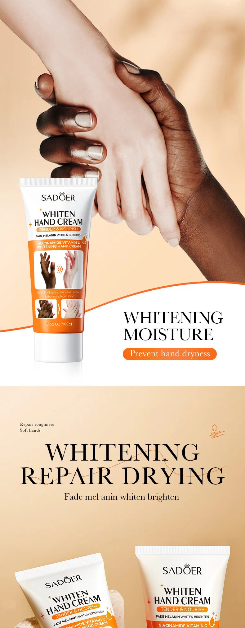 SADOER Skin Whitening Hand Cream Moisturizing Tender Nourish Non Greasy Hydrating Beauty Skin Care