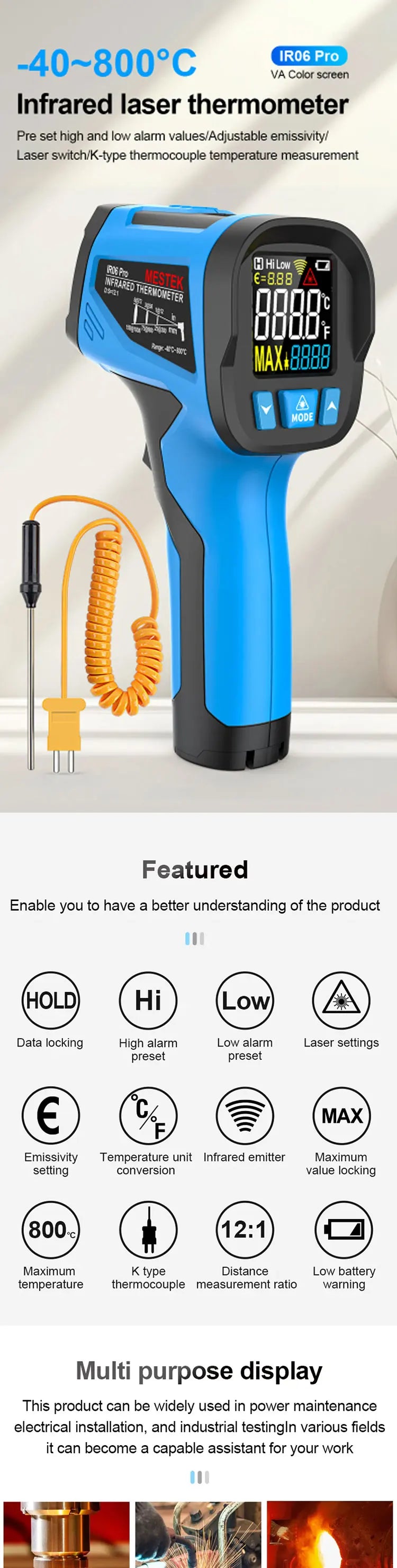 Infrared Thermometer 600~800°C Kitchen Digital Laser Temperature Meter Non-contact Pyrometer Food BBQ Heat meter Thermal imager