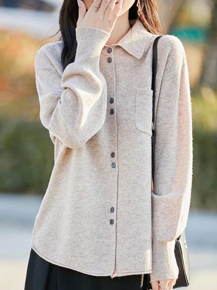 POLO Collar Wool Sweater 100 Pure Wool Spring And Autumn New Knitted Women Loose And Slimming Cardigan ZA682