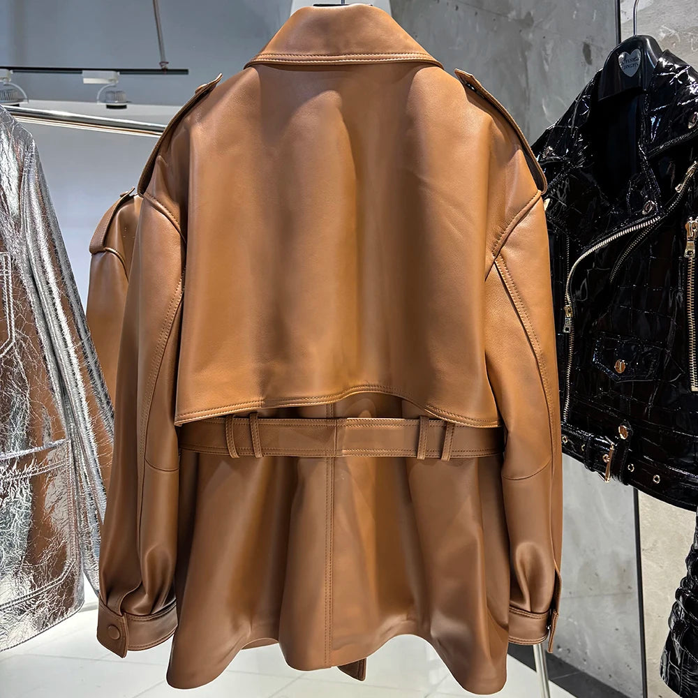 YOLOAgain Real Leather Suede Jacket Women Dark Brown Single Breasted Leather Coat With Belt