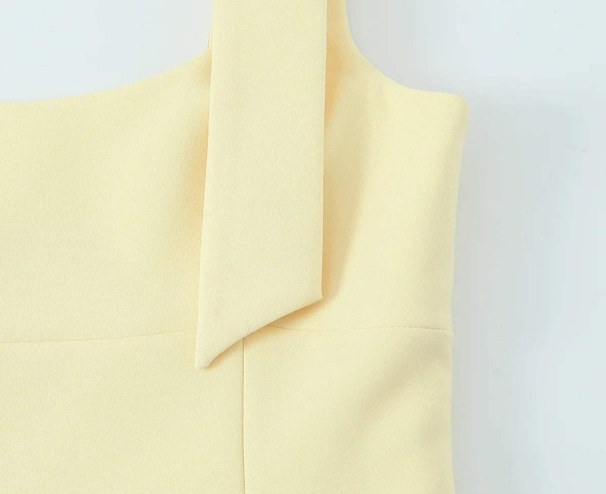 HH Summer Woman Elegant High Street Solid Side Zipper Slim Tops Women's Chic Sexy Sleeveless Bow Square Collar Sling Top