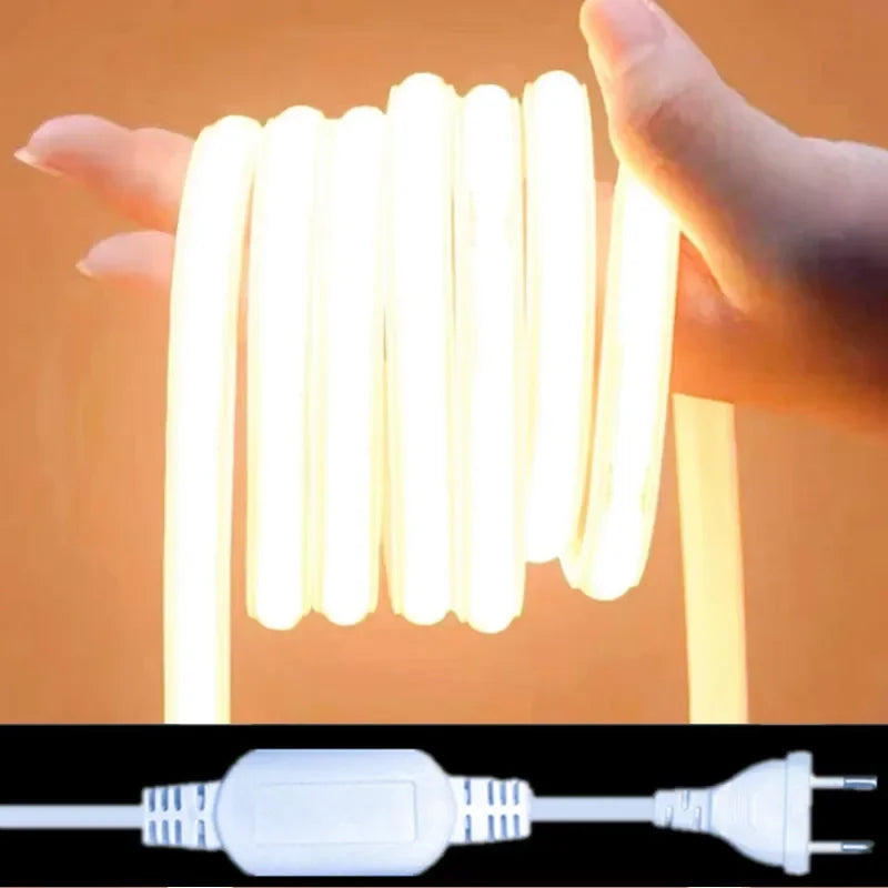 288LEDs/m COB LED Strip 220V Dimmable Power EU Plug 3000k 6000k RA90 Outdoor Garden FOB LED Tape Bedroom Kitchen Lighting