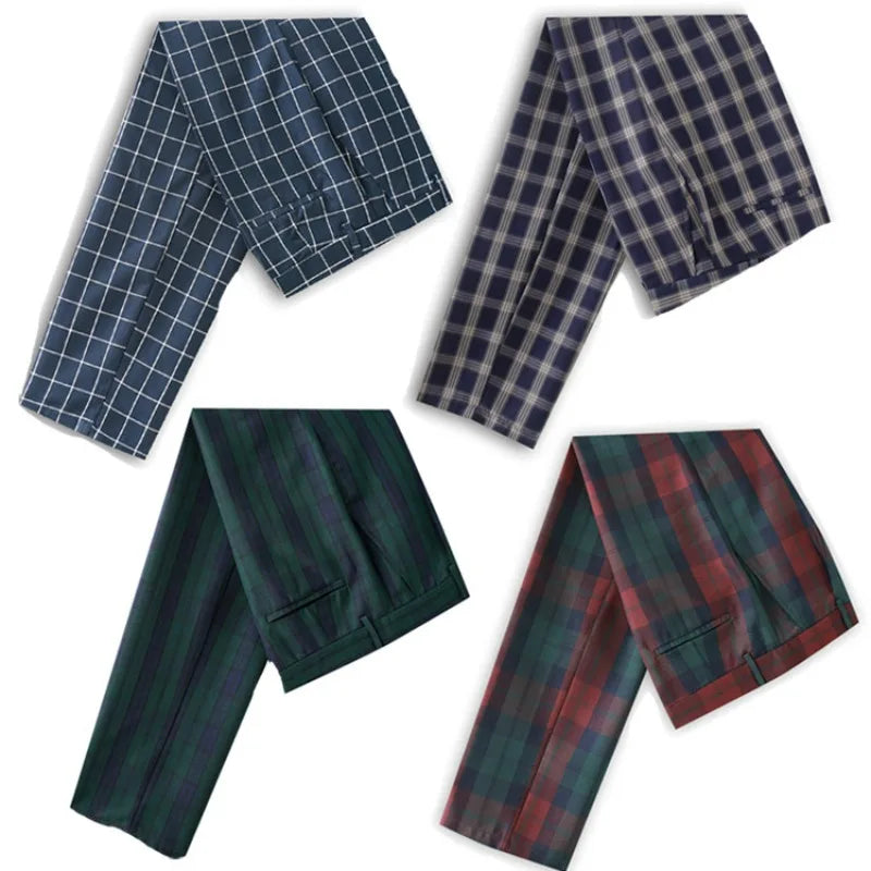 Men's Plaid Dress Pants, Slim Fit, Front Suit Pant, Chino Pants, Business Trousers, Work, School Uniform, Checkered Pant