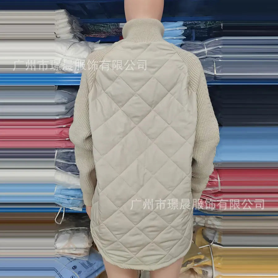 Winter Women Jackets Solid Stand Collar Neck Parkas Patchwork Drawstring Hem Zipper Closure Cotton Jacket Warm Cardigan Coats