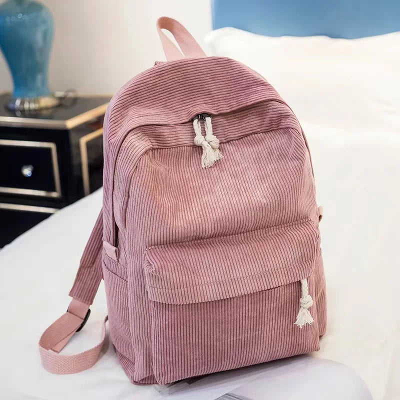 Corduroy Backpack, Academy Fashion School Bags for Middle/High School & College, Cute Tassel Detail, Versatile Casual Daily Bag