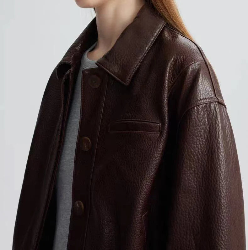 Retro Leather Bomber Jackets for Women Genuine Foam Leather Bubble Texture Short Coat Female Square-Cut Lapel Slim Fit Chaquetas
