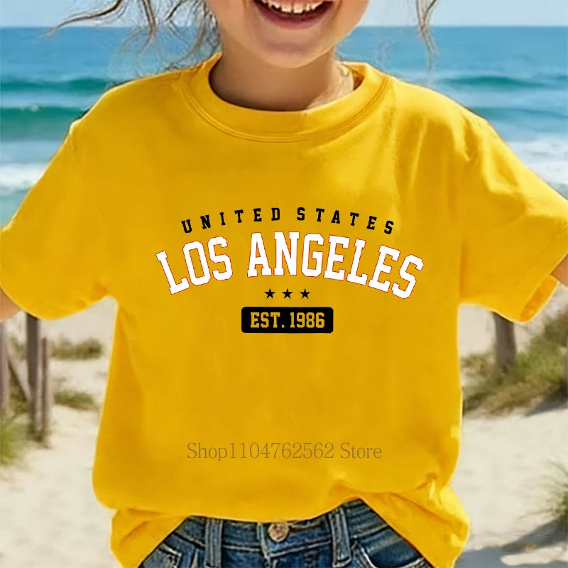 Summer Children Casual Fashion T-shirts Los Angeles Graphic Print Colorful Tops Girls Boys O-Neck Loose Short Sleeve Kids Tees