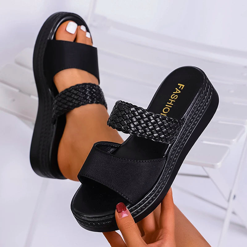 Women's Brown Woven Platform Sandals Non Slip Thick Sole Outdoor Slippers Woman Plus Size 43 Wedge Heels Summer Shoes Footwear