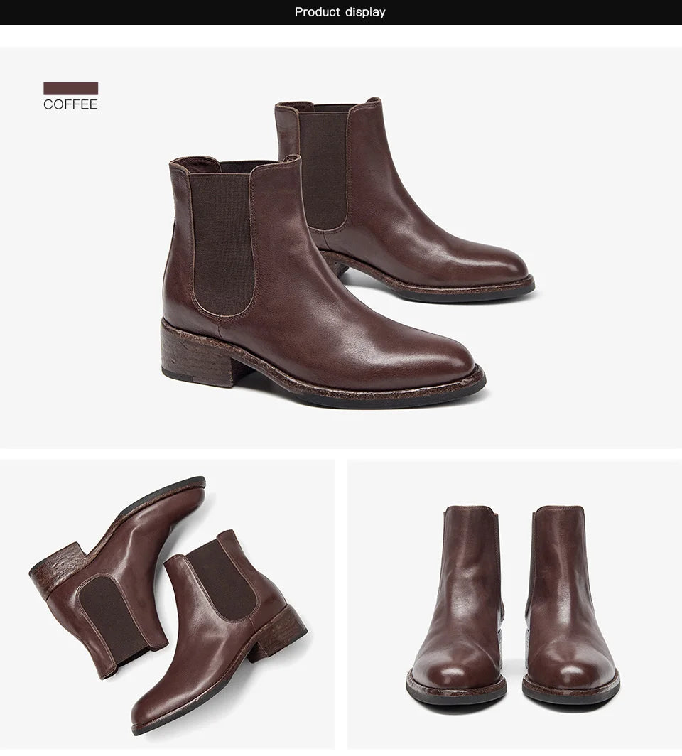 BEAUTODAY Ankle Boots Women Genuine Horse Leather Chelsea Booties Round Toe Elastic Band Vintage Ladies Shoes Handmade 03D64