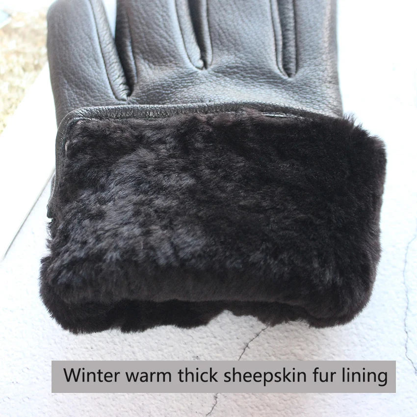 Winter Thick Sheepskin Fur Lining Warm Goatskin Gloves Men's Deerskin Pattern Leather Sheep Shearing Cold-Proof Finger Gloves