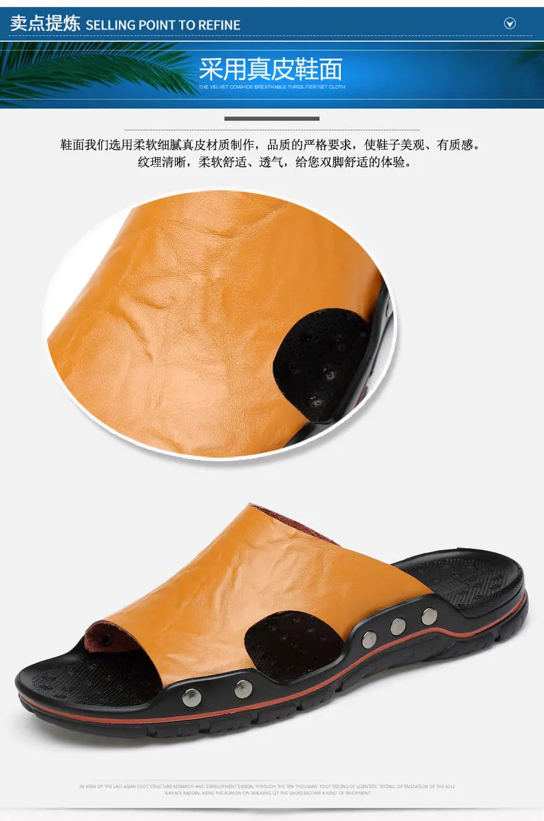 Genuine Leather Slippers for Men Casual Big Size Wear-Resistant Non-slip Fashion Flat Breathable Comfortable Shoes Summer Main