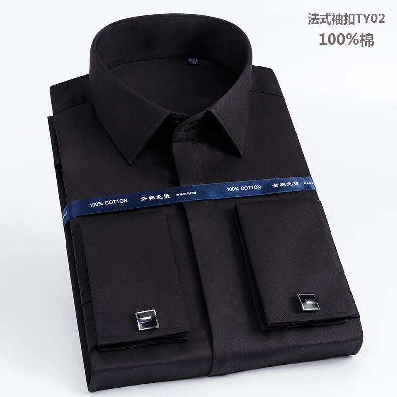 Men's French cufflinks shirt made of pure cotton long sleeved slim fit concealed button, solid color high end wedding dre
