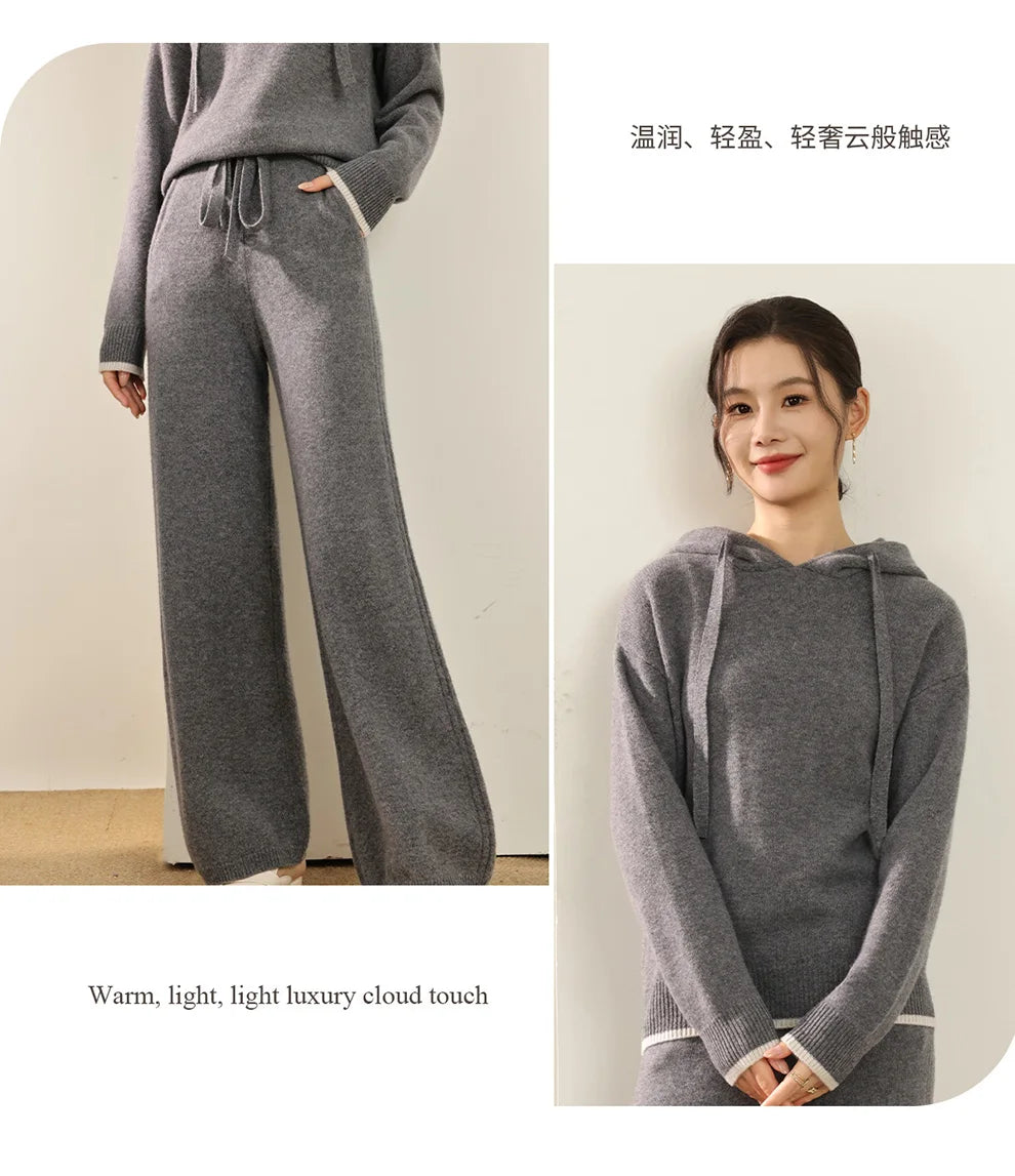 Autumn And Winter New 100 Pure Wool Suit Women Hooded Sweater Wide-Leg Pants Casual Knitting Two-Piece Suit