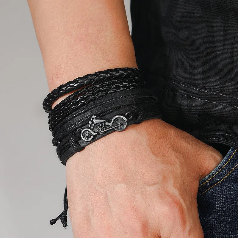 Fashion Bracelet For Men Hand Bangles Woven Alloy Motorcycle Hand Jewelry Adjustable Leather 4Pcs/Set Bracelet For Leather