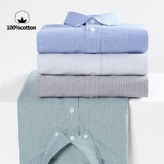 Men's 100% Cotton Oxford Shirt - Breathable Vertical Stripe Slim Fit with  Wrinkle-Resistant Long Sleeve for Business Casual