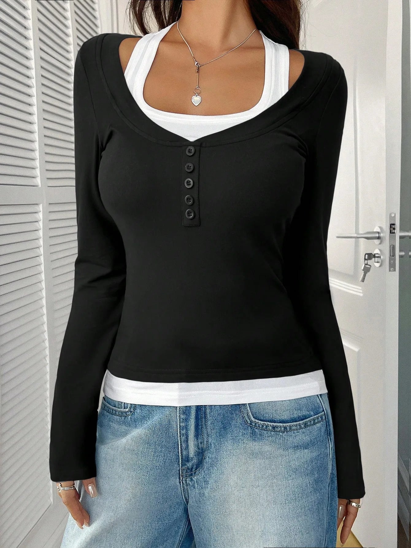 New Women's Blouses T-shirt Spring Fall Fashion Slim Halter Neck Fake Two-piece Stretch Long-sleeve Top Women Casual Clothing