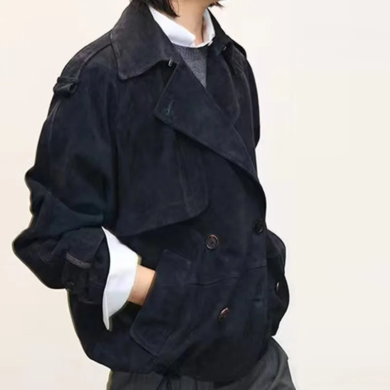 Kid Suede Leather Jacket for Women Branded New 2025 Old Money Double Breasted Short  Jacket Femme Big Lapel Epaulet Trench Coat