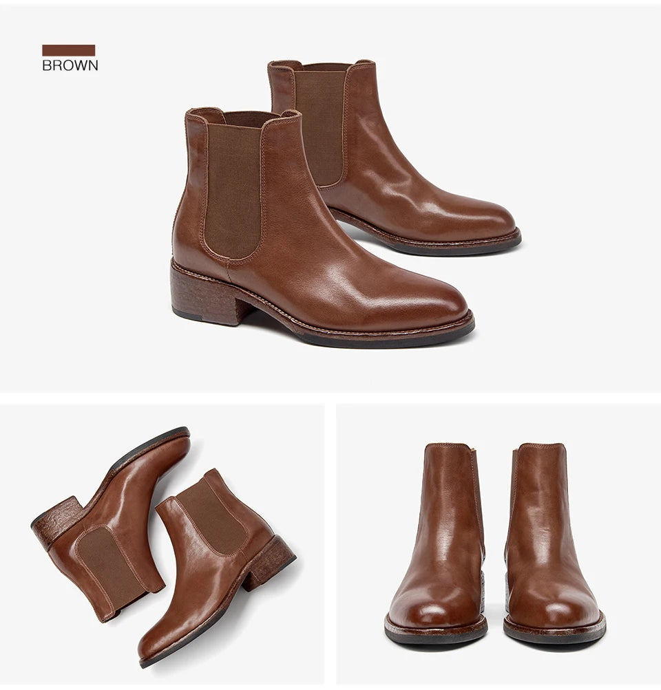 BEAUTODAY Ankle Boots Women Genuine Horse Leather Chelsea Booties Round Toe Elastic Band Vintage Ladies Shoes Handmade 03D64