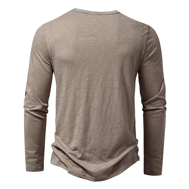 New Men's Cotton Henley T Shirt Long Sleeve T-Shirts Basic Casual Button Collar Breathable Daily Top Tees