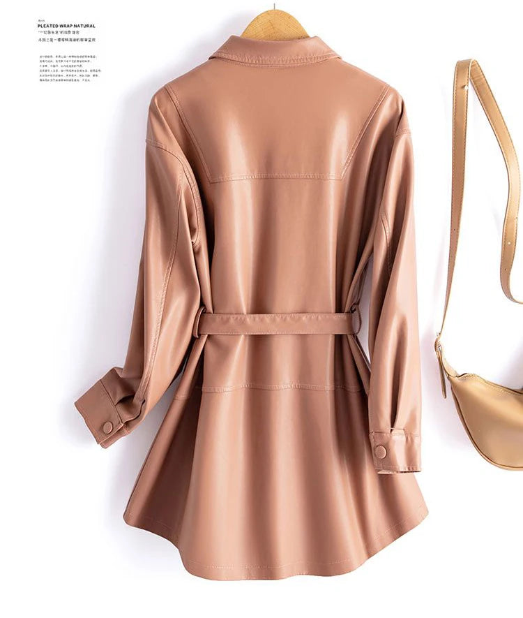 Women's Sheepskin Coat 2024 Autumn New Real Split Sheep Leather Ladies Mid-length Single-Breasted Belt Casual Jacket Outwear