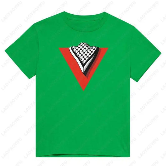 Palestine Heart Shape with Flag Colors Unisex Cotton T Shirt Summer Round Neck Tee for Men and Women Love Theme