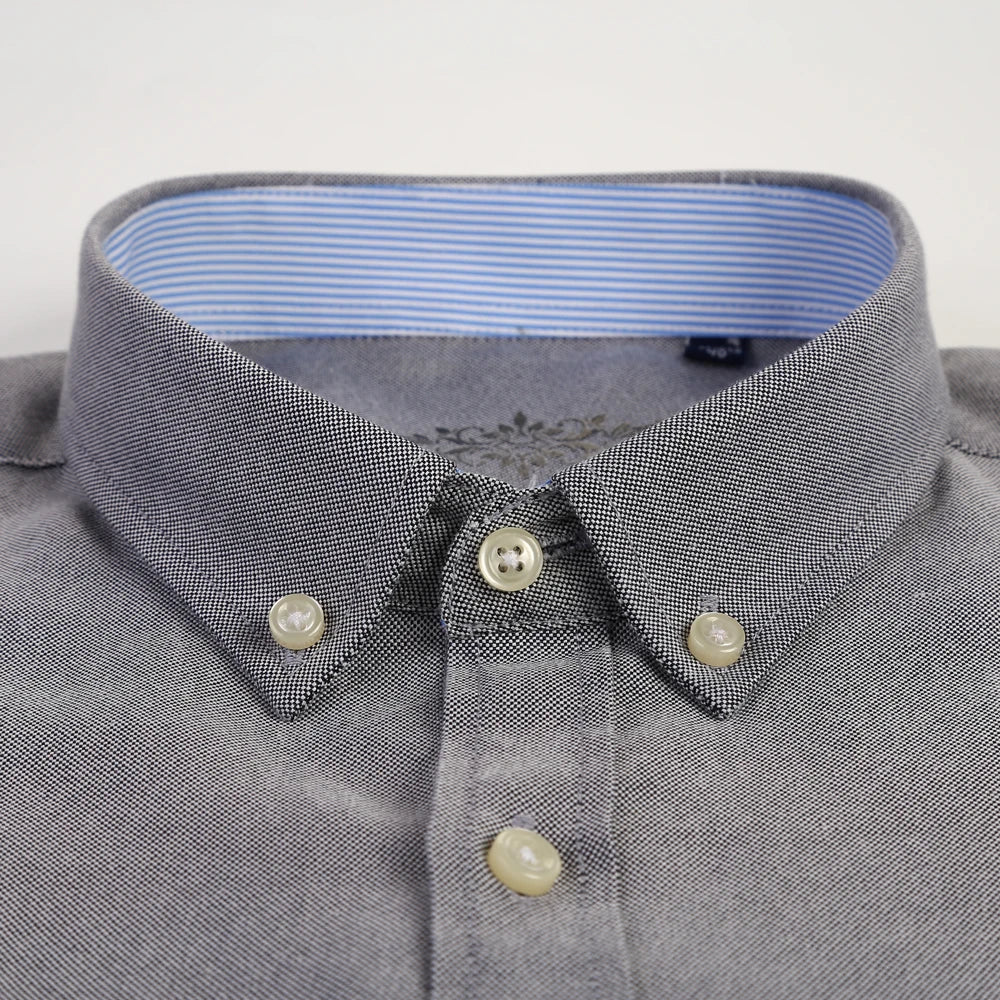 Men's Fashion Long Sleeve Oxford Work Shirt Single Patch Pocket Simple Design Embroidered Regular-fit Casual Button-down Shirts