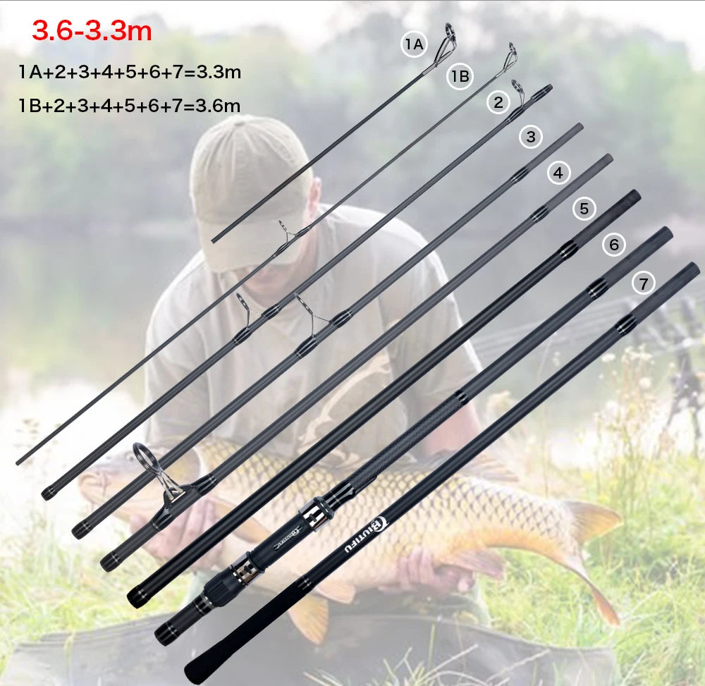 BIUTIFU 2Tips Carp Fishing Rod 3.5lb 7Sections 4.2/3.6/3.0m 30t Carbon Fiber Travel Throwing 60-150m Shore Casting Spinning Pole