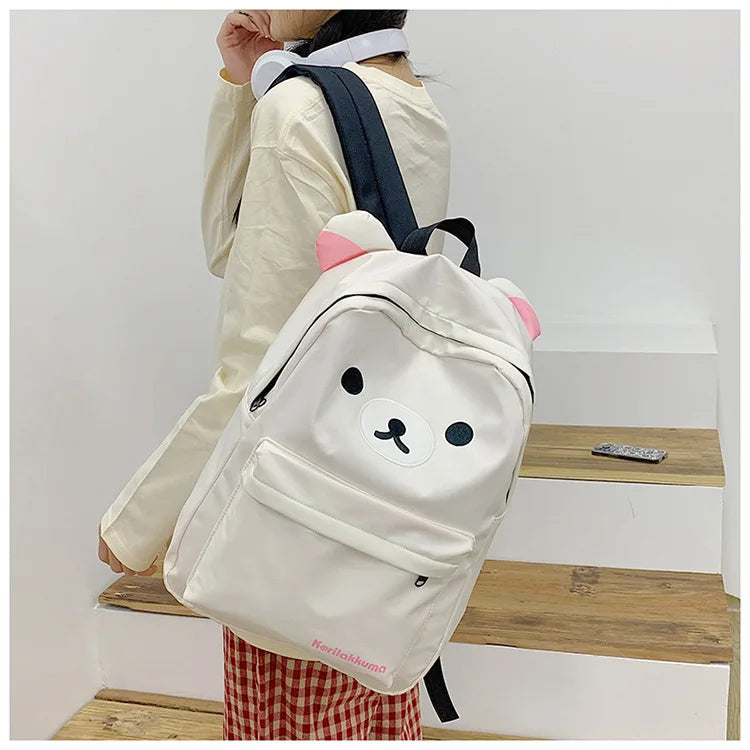 Rilakkuma Kawaii Cartoon Backpack Waterproof Nylon Large Capacity Embroidery School Bag For Young Adult Daily Travel Campus Work
