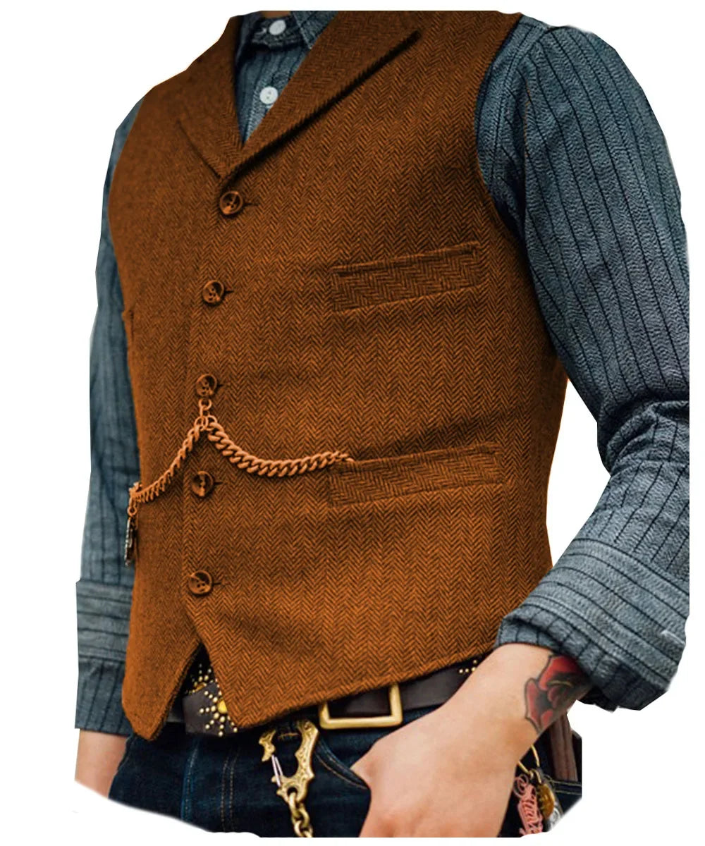 Wool Tweed Men's Suits Vest for Groomsmen Wedding Lapel Casual Slim Business Vests Sleeveless Waistcoat Male Gilet Homme Vests