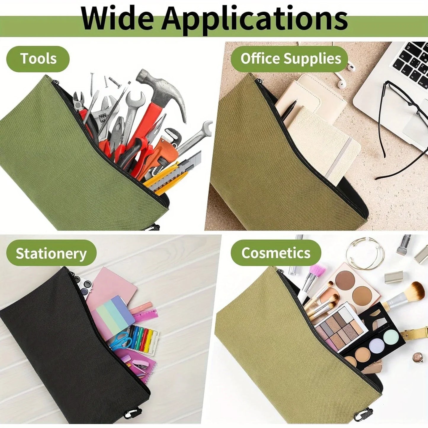 4PCS/SET Tool Bag Zipper Pouch, Utility Multipurpose Storage Organizer Tool Pouches with Carabiner Metal Zipper for Tools