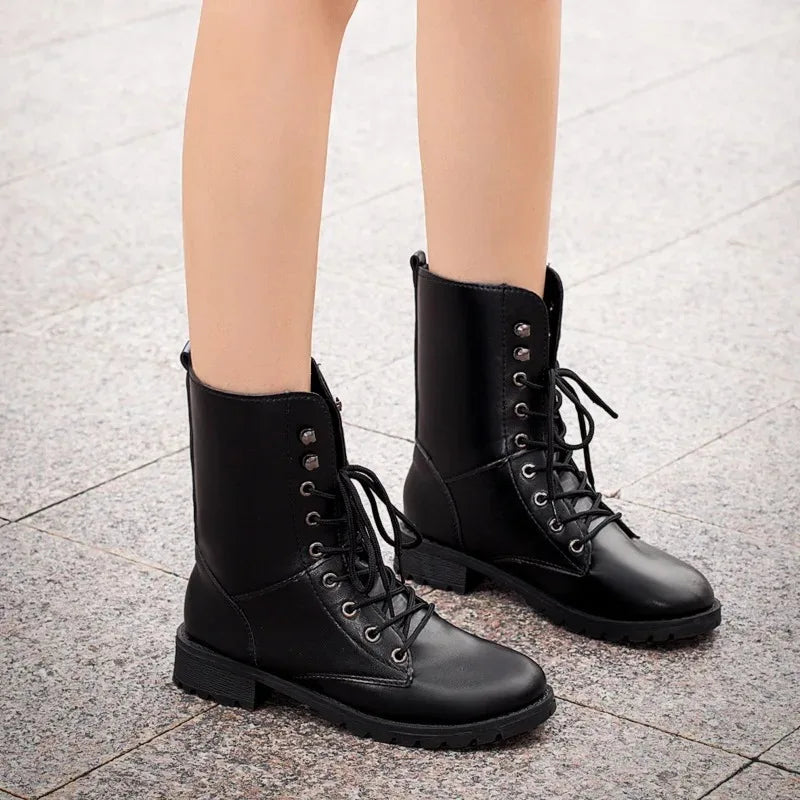 Women's Boots 2026New Casual High Top Boot Fashion Women Motorcycle Boot Classic Black Mid-calf Leather Boots Women Ankle Boots