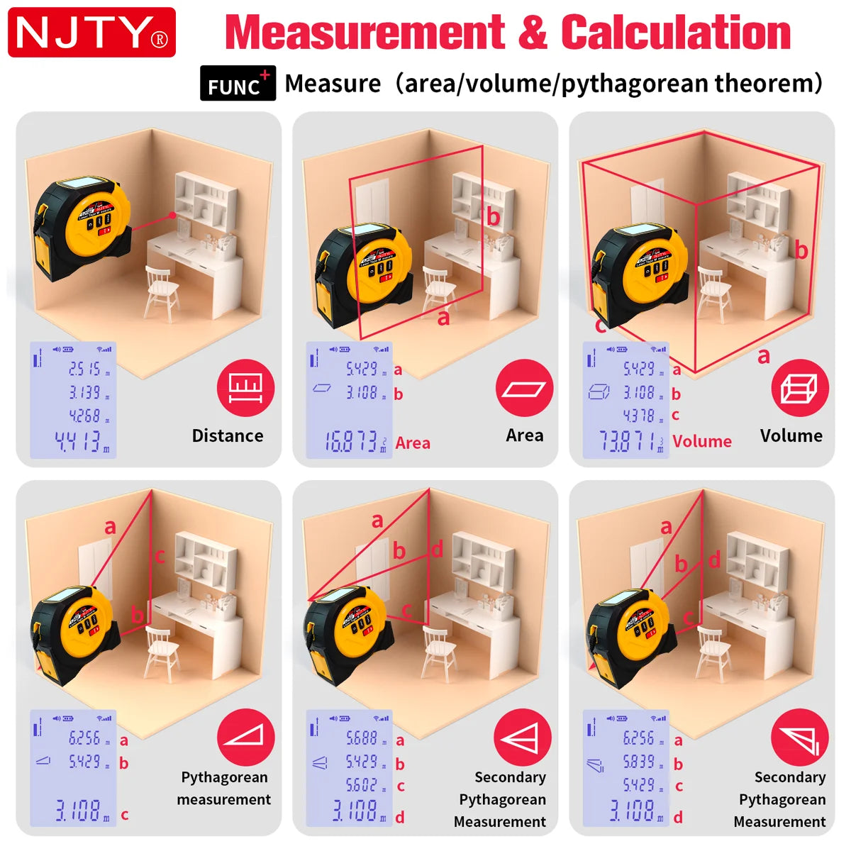 3-in-1 Laser Tape Measure British 60m/196ft  40m/131ft Laser Distance Meter Cross Laser Level Belt Buckle Design Self-lock Tools