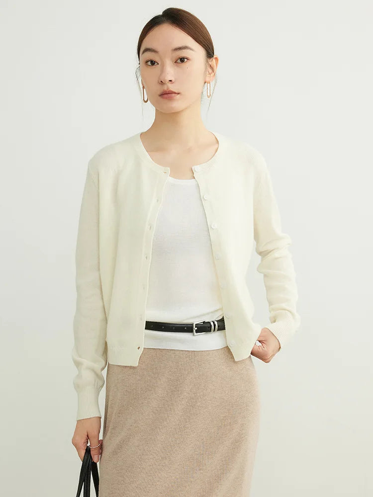 SuyaDream, Cardigans For Woman, 100%Merino Wool, Round Collar, Solid Plain Sweaters, 2024 Fall Winter Jackets, Beige, Black