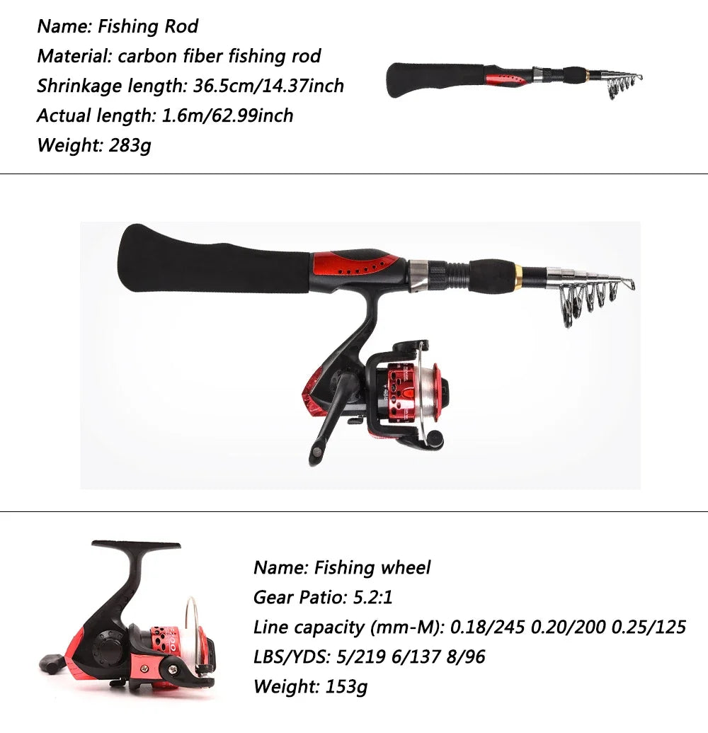 Fishing Rod Full Kits 1.6M Telescopic Sea and Spinning Reel Baits Lure Tackle Travel Fishing Gear Accessories Bag 6 Optional Set