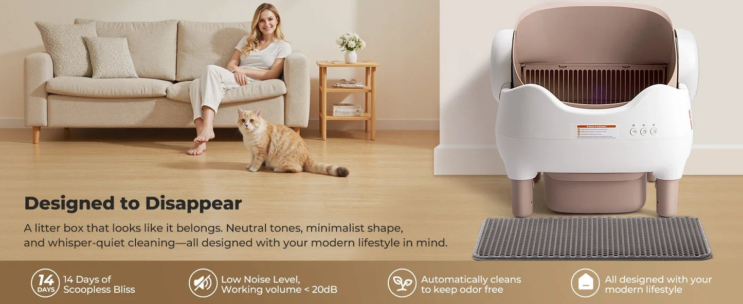 APP Controlled Automatic Cat Litter Box-Self Cleaning Odor Elimination Large Waste Bin for Multi-Cat Homes Open-Top Design