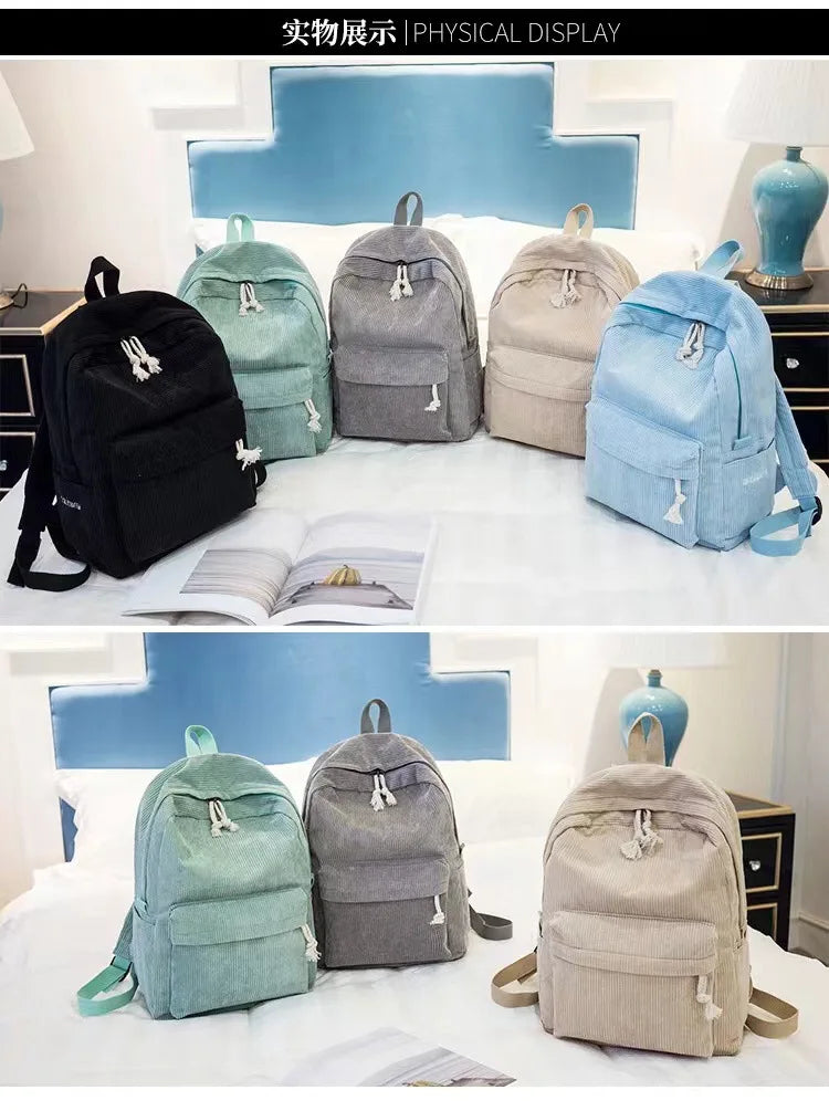 Corduroy Backpack, Academy Fashion School Bags for Middle/High School & College, Cute Tassel Detail, Versatile Casual Daily Bag