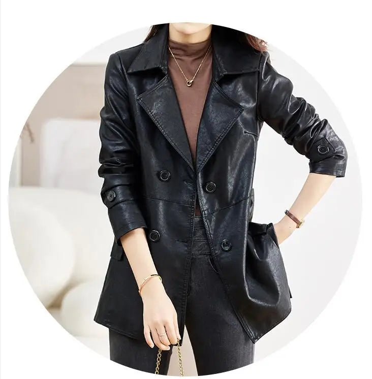 Turn-down Collar Genuine Leather Jacket Women Korean Fashion Slim Sheepskin Coat Black Real Leather jackets ladies Casual Blazer