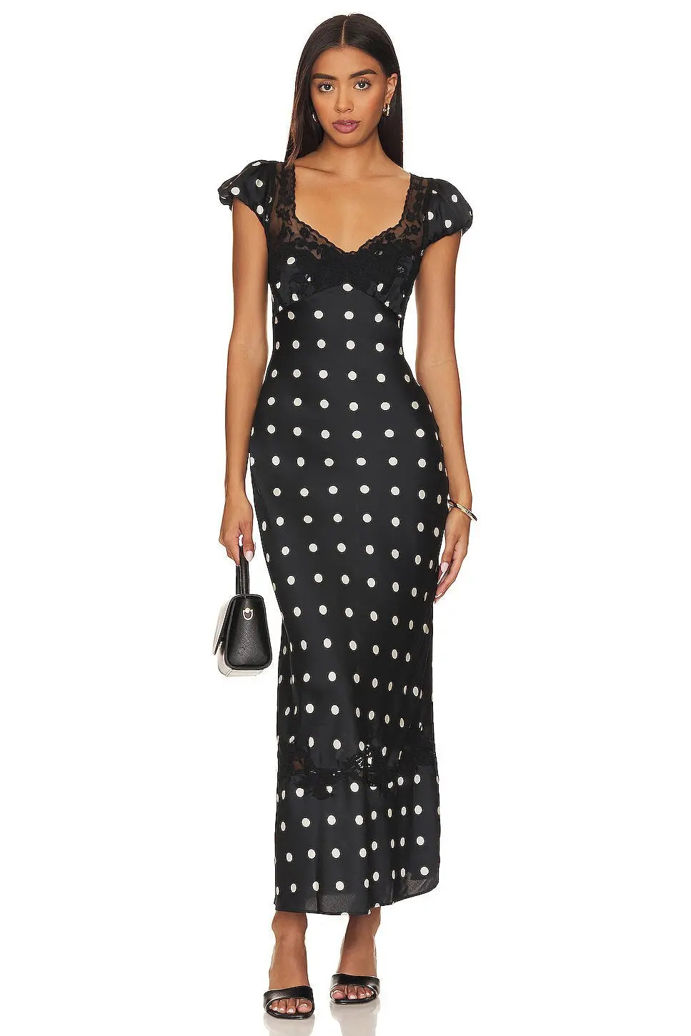 Luxurious Silk Satin Long Dress Elegant Puff Sleeve Polka Dot Floral Gown Sexy Open Back Midi Dresses for Evening Cocktail