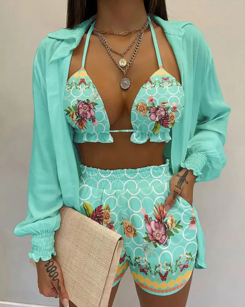2024 New Bathing Suit Shorts Cover Up Summer Three Pieces Swimwear Sexy Beachwear High Waist Bikini Set Print Women's Swimsuit