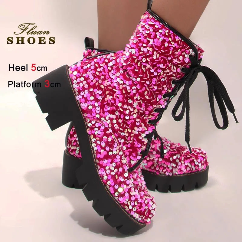 2025 New Fashion Women Shoes Front Lace Up Sequin Short Boots Coarse Heel Stage Show Ankle Boots Ladies Party Casual Short Boots