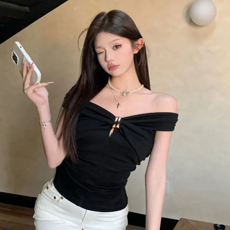 Summer Solid Color Sexy Off Shoulder Tops Lace Up Sleeveless T-Shirt Casual Slim  Top Black Short Sleeve Wome