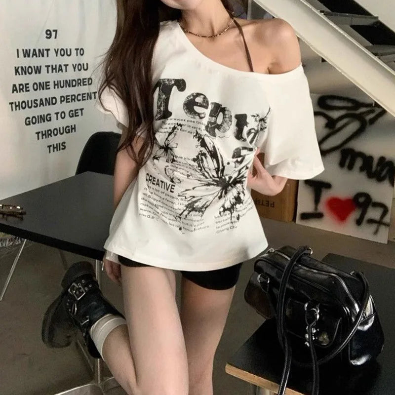 Summer Lady T-shirts Chic Streetwear T-shirts Female Baggy Casual Daily Tops Women Letter Printed Off Shoulder Clothes
