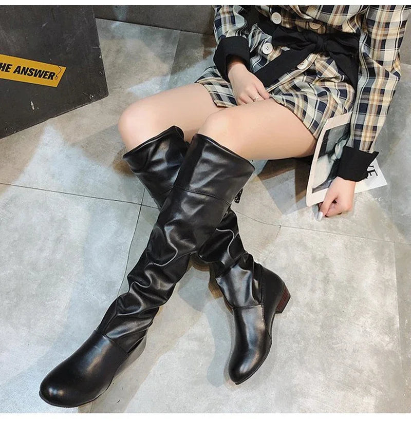 Shoes For Women  Knee High Boots Red Black White Tall Boots Woman Pleated Low Heel Casual Leather Female Long Shoes